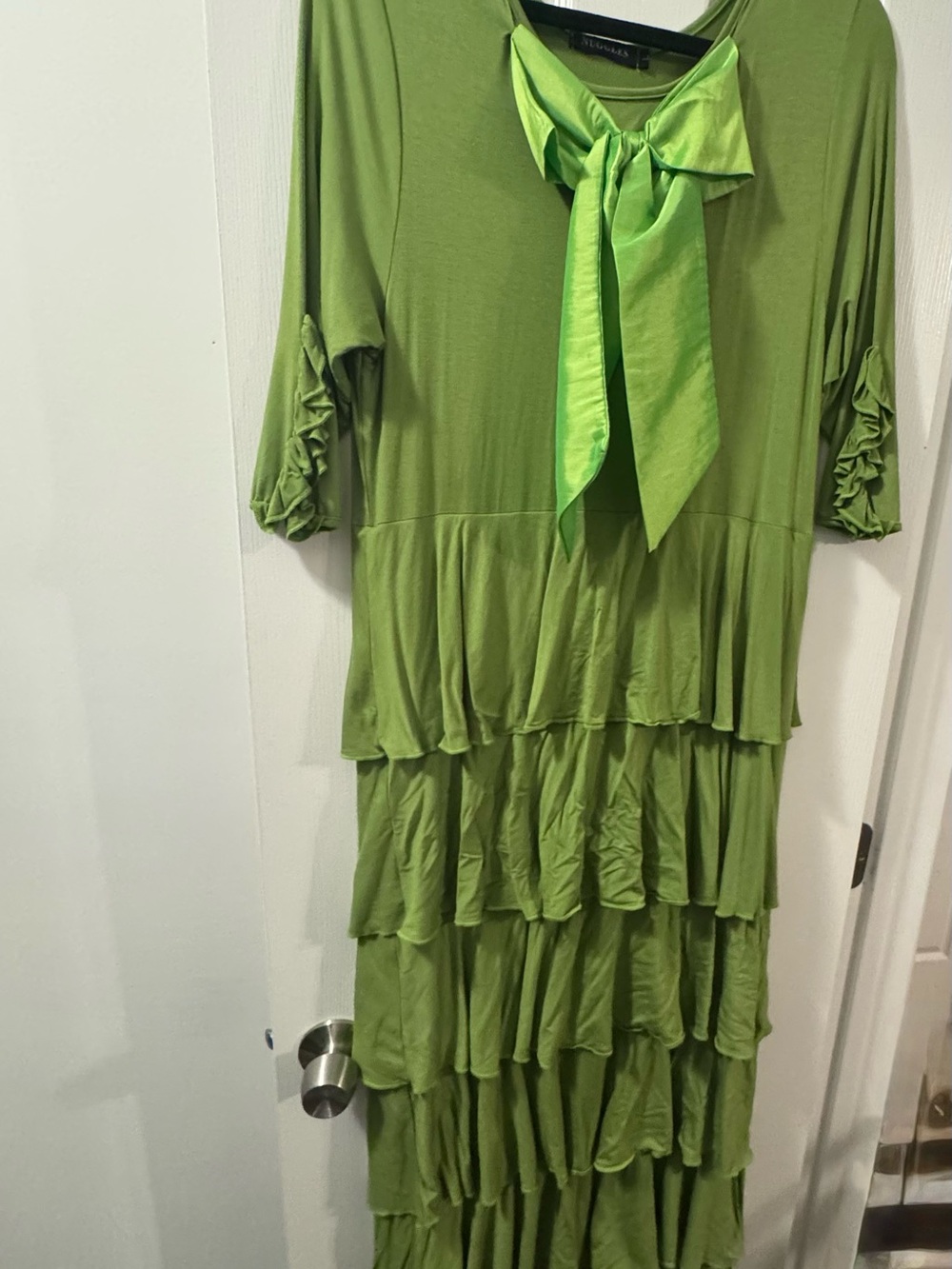 Green Tiered Ruffle Dress with Bow Neck